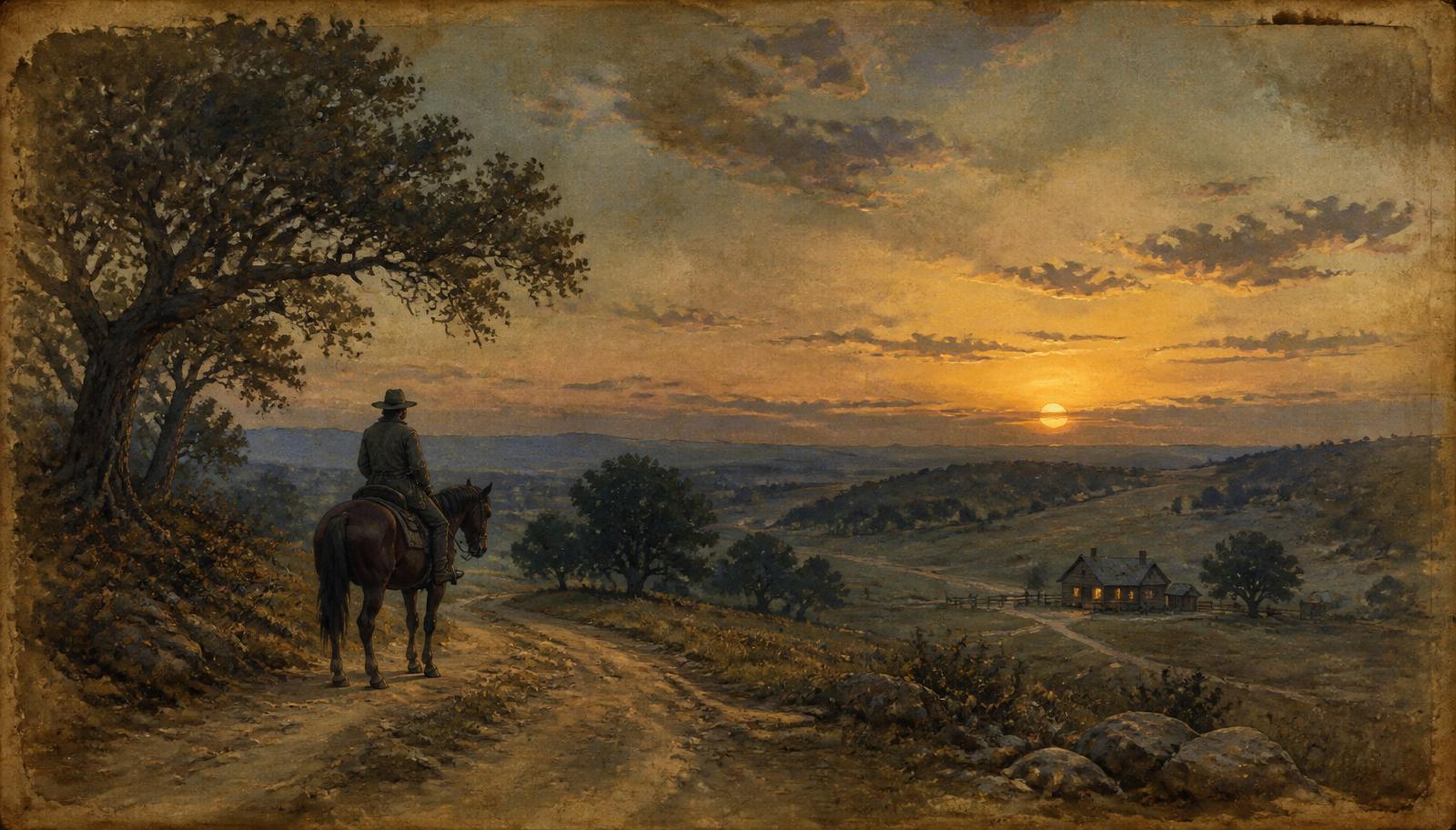 Painterly illustration of 1840s Texas frontier at dusk — a lone rider on the La Bahía Road with a distant homestead beneath a Hill Country sunset.