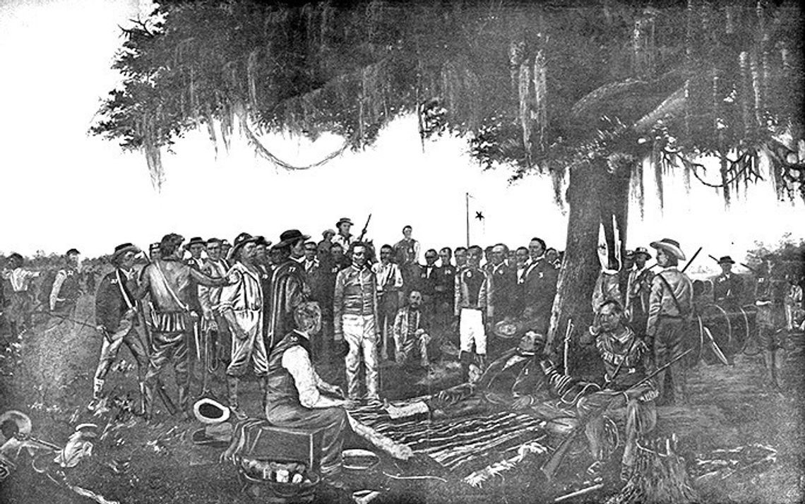 William Henry Huddle painting: Surrender of Santa Anna, with Joel Robison on horseback above and to the right of Santa Anna.